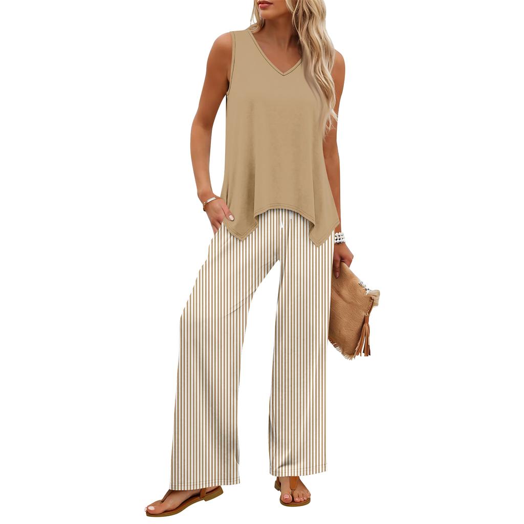 Sleeveless V Neck Tank Top and Striped Wide Leg Pants Two Piece Set for Women Casual Travel Vacation Home Wear