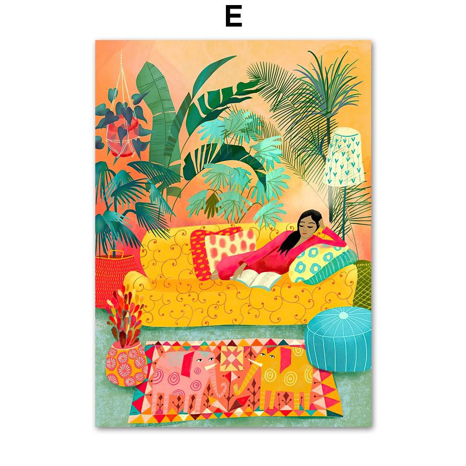 Wall Art Prints Canvas Painting Bohemia Colorful Vintage Abstract Girl Botanical Nordic Poster Decor Pictures For Living Room