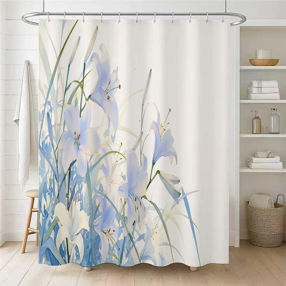 

Watercolor Blue Lily Illustration Shower Curtain 1Pc With 12 Hooks For Bathroom Home Decor Polyester 70.8X70.8 Inch W60H190(CM)-1 Pcs