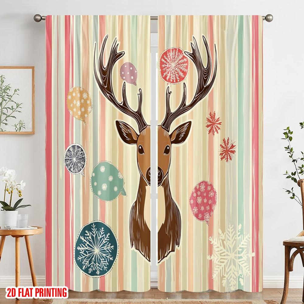 2pcs,2D Plane Printing Creative Curtains Deer Christmas Holiday Winter (2) Versatile 100% Polyester (without Rod) Festive Use