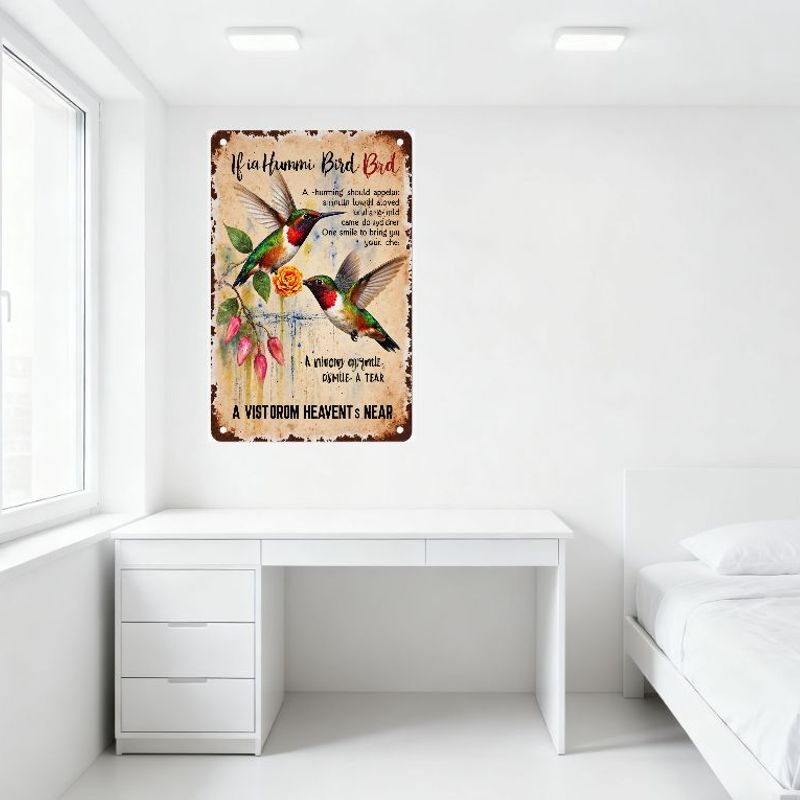Vintage Hummingbird Metal Tin Sign Distressed White Background with Brown Edges, Colorful Hummingbirds & Floral Decor, Whimsical
