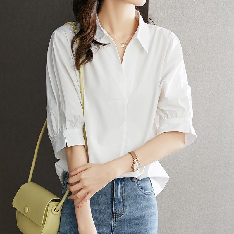 White Shirt Women's Middle Sleeve Summer Clothing Korean V-neck Pullover Top Fashionable and Elegant Commuting Temperament Pure Cotton Shirt
