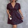 Women's Large Size Casual Waist Lantern Short-sleeved Dress Bohemian V-neck Loose Small Floral Skirt
