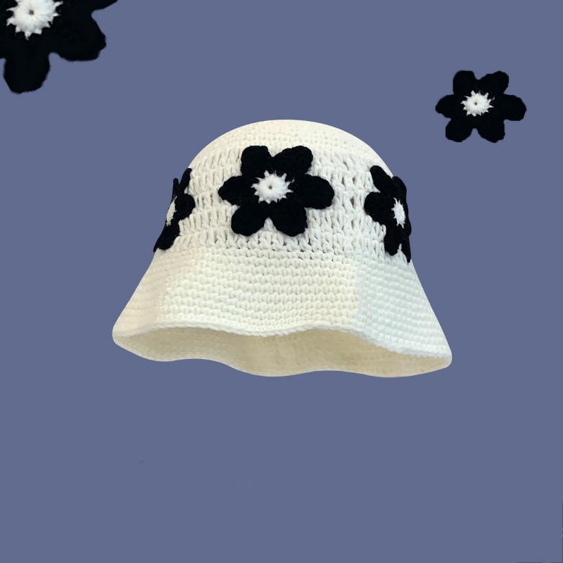 New fresh flower handmade knitted wool hat female sweet versatile face small bucket hat plain face