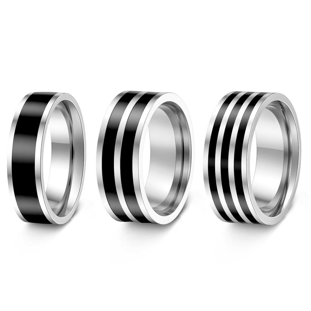 Japanese Korean INS Style Black Stripe Stainless Steel Couple Ring Set