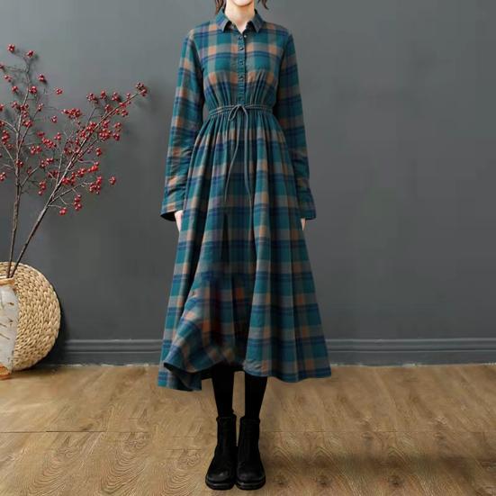 Women Dress with Belt V-Neck Long Sleeve Plaid Pattern Midi Dress Retro Style