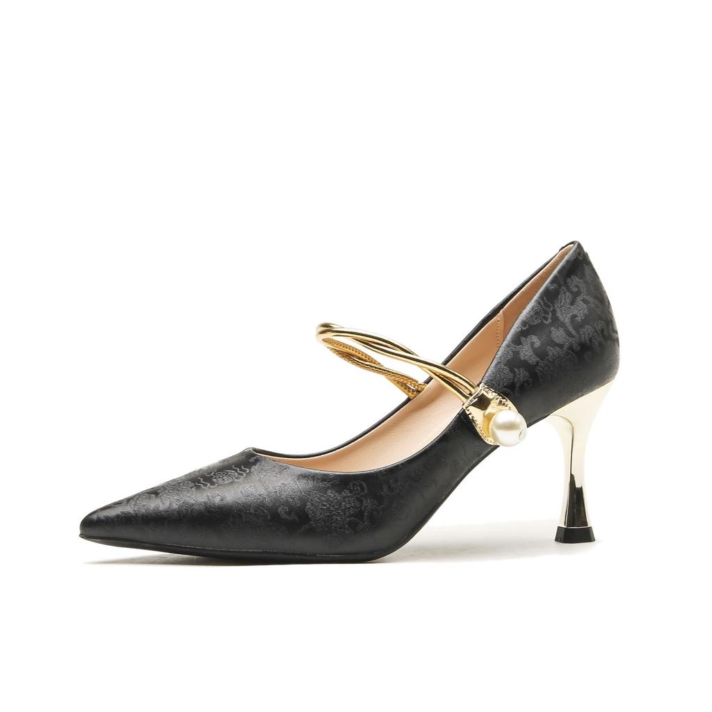 -High heels women's thin heels pointed toe shallow mouth women's shoes single shoes pearl buckle Chinese style banquet shoes
