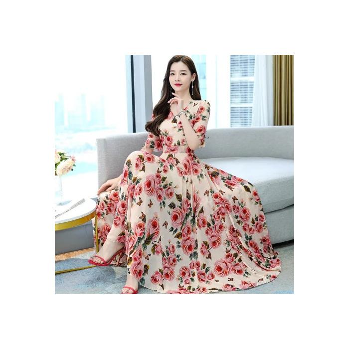 New High-end V-neck Fashion Dress, Flared Sleeves, Waist and Thin Women's Summer Temperament Skirt