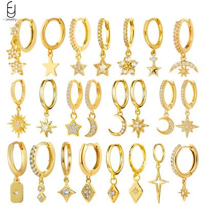 925 Sterlingsilber Ohrstecker Kleine quadratische Hängeohrringe für Damen Kristall achteckiger Stern Sonne Creolen Modeschmuck