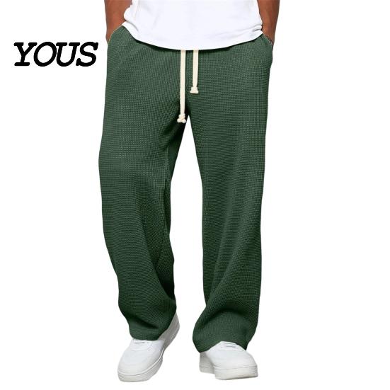 Soft Polyester Streetwear Men Waffle Baggy Trousers, Wide Leg Drawstring Waist Slacks, Loose Fit Relaxed Travel Pants Casual Sweatpants with