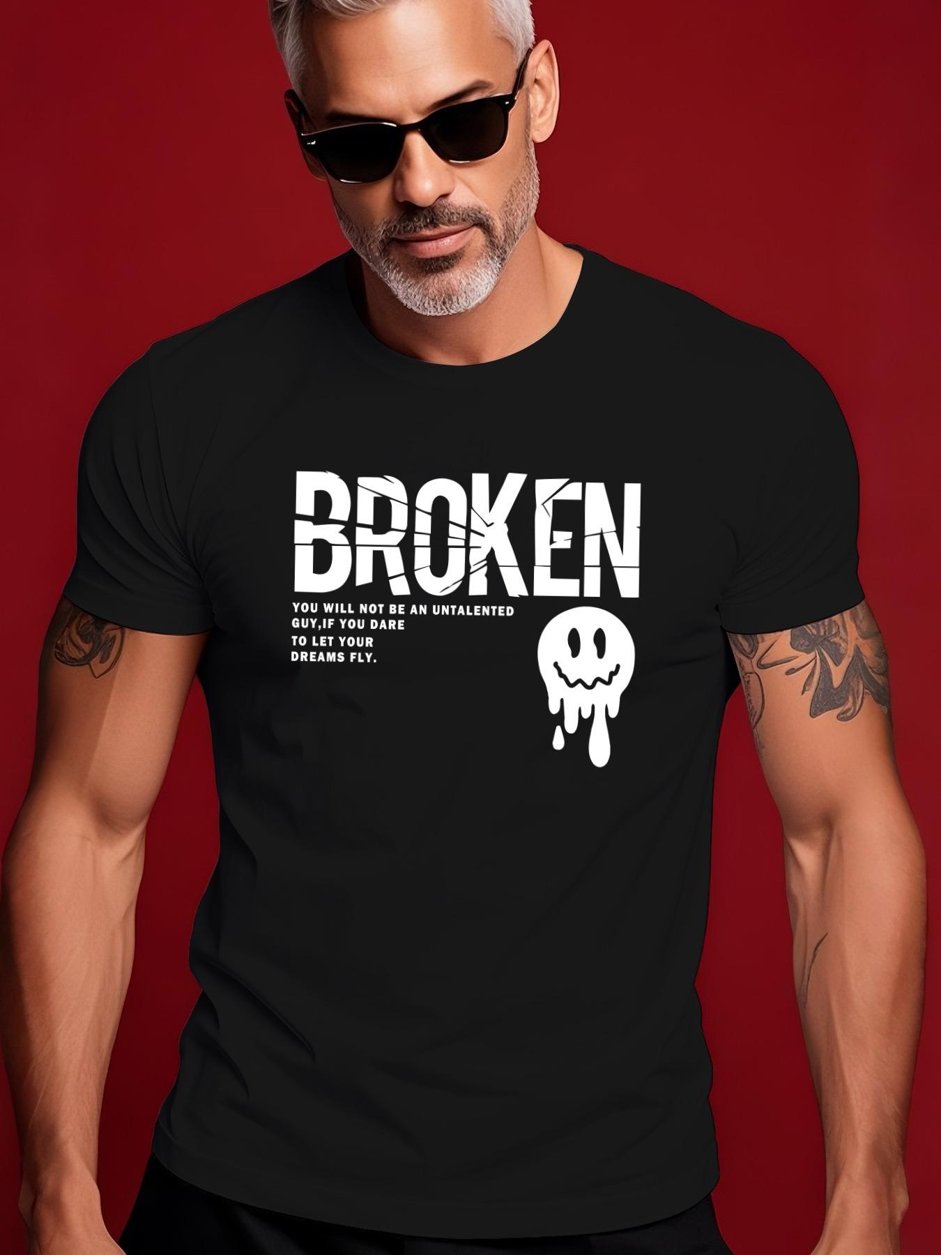 Broken Graphic Tee - Casual Summer Crew Neck Short Slee... L