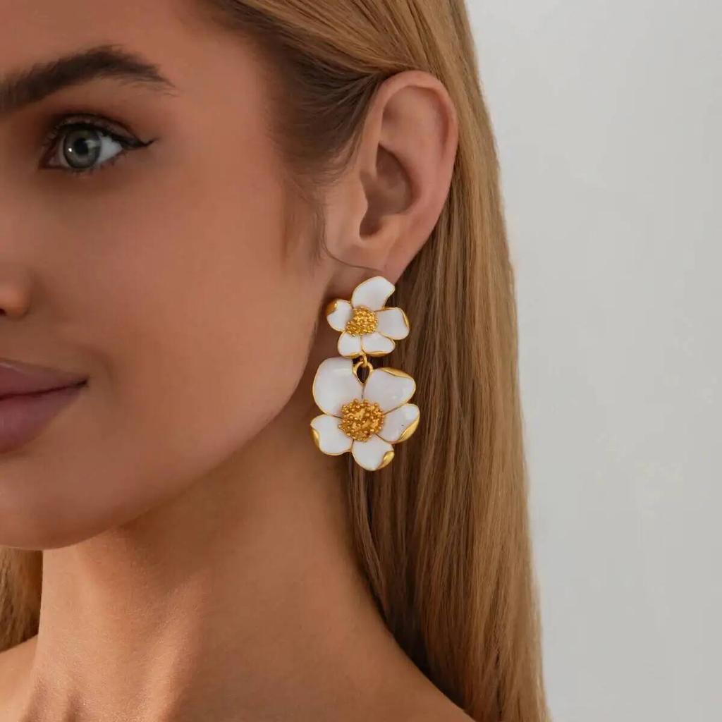 SHIXIN Vintage Exquisite DoubleLayer Oil Dripping Flower Stud Earring Women Romantic Trendy Piercing Ear Daily Wear Jewelry Gift