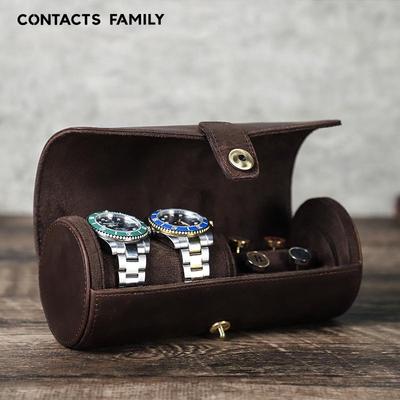 Vintage Braunes Leder Uhrenbox Set - 2 Zylindrische Aufbewahrungskoffer