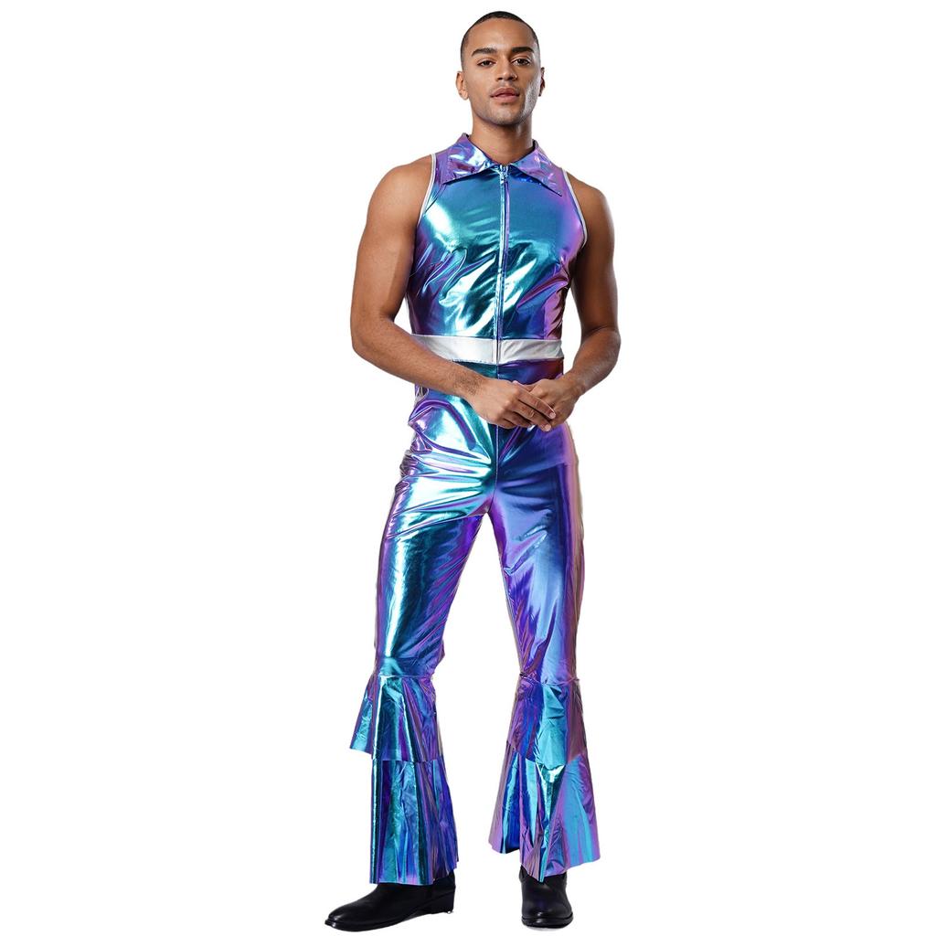 Mens 70s Jumpsuit Shiny Metallic Lapel Collar Sleeveless High Waist Flared Pants Disco Dance Singer Outfit