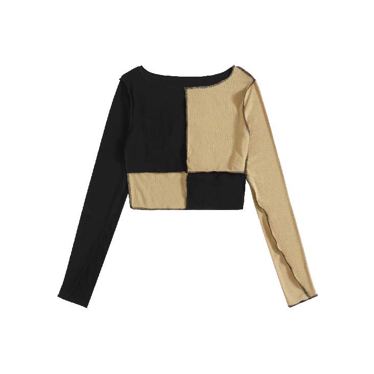 Women'S Short Cut Patchwork Color Casual Round Neck Long Sleeved Short Cut Top