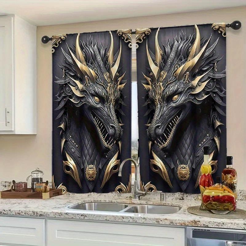 2pcs Dramatic Dragon Print Curtain  Blackout Fabric  Living Room Bedroom Window Decor  Rod Pocket Drape