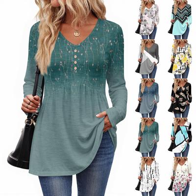 Damen Casual Mode V-Ausschnitt Knopf Retro Blumendruck Langarm Oberteil