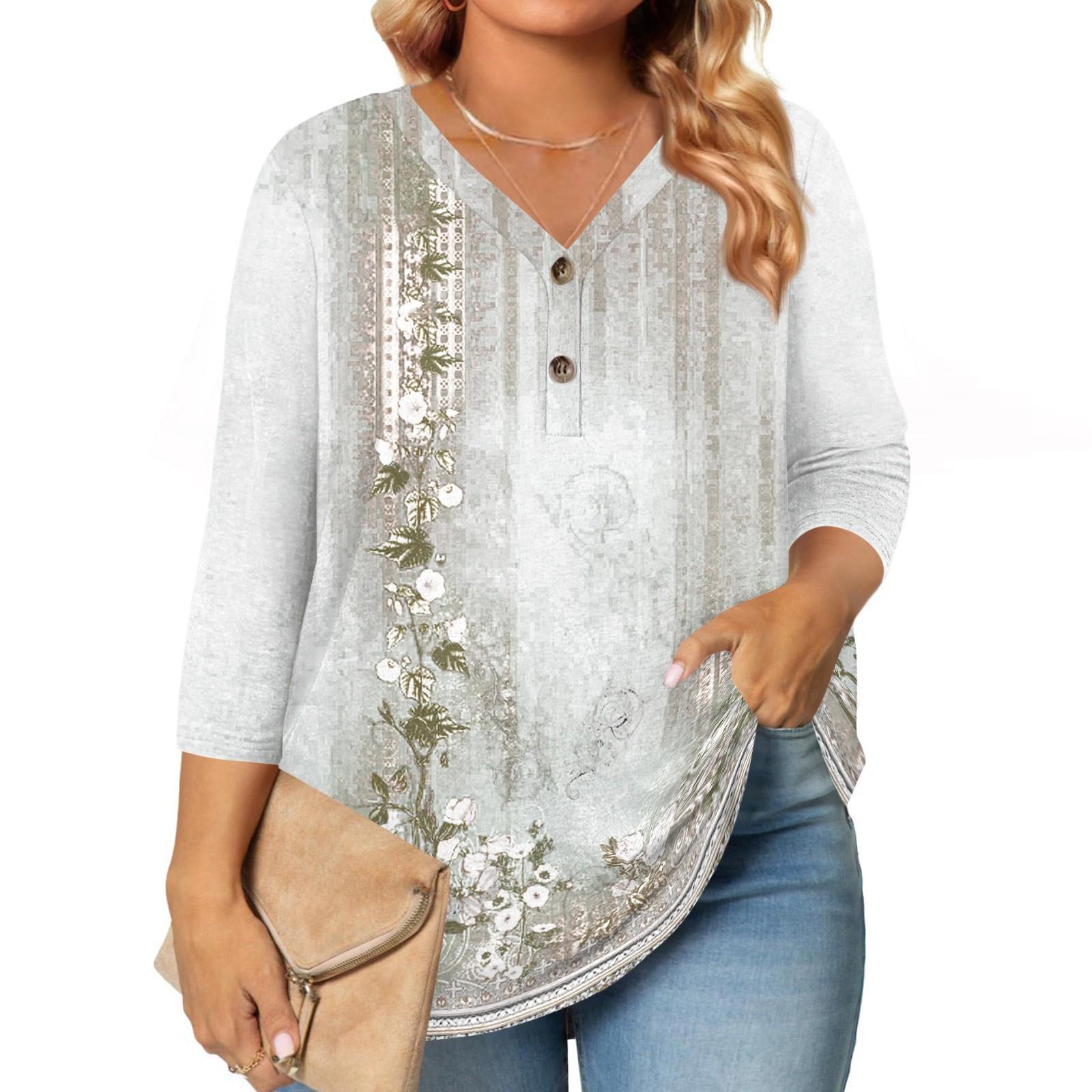 

Женские топы с рукавом 3/4, больших размеров, рубашки на пуговицах с V-образным вырезом, блузки, повседневные, с принтом, свободные XXXL