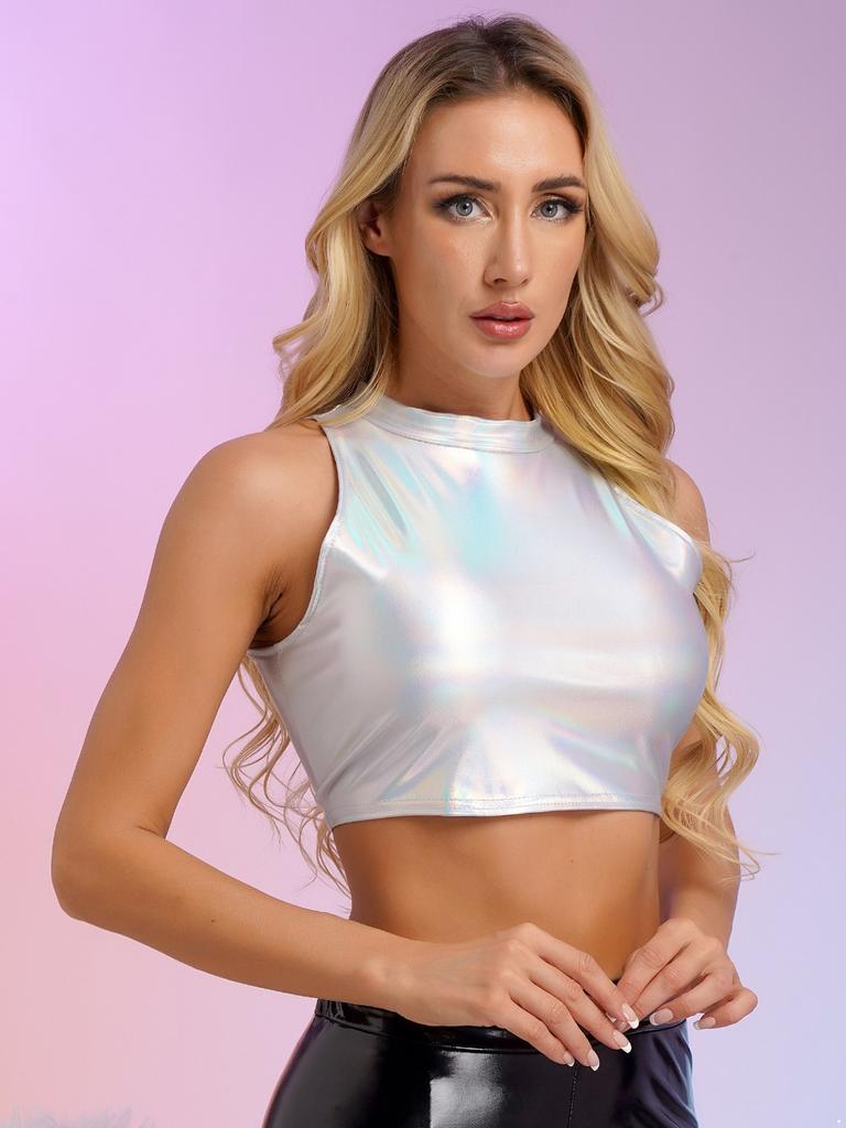 Women Sleeveless PVC Leather Vest Stylish Slim Fitted Tank Top for Pole Dance Stage Preformance Nightclub Carnivals Disco Party