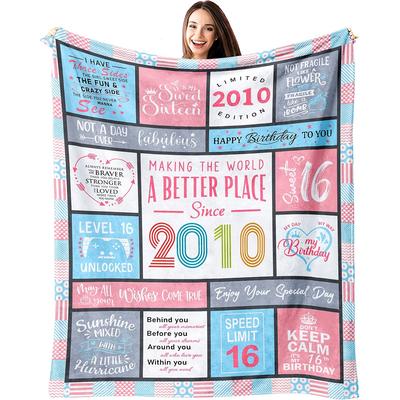 1pc Sweet 16 Birthday Blanket, 2009 Limited Edition, Flannel Throw with Inspirational Quotes, Vibrant Colors, All-Season, Machine Washable