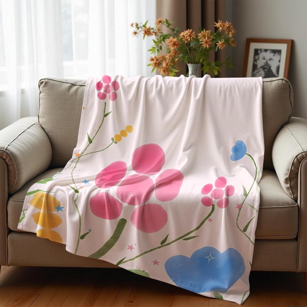 Soft Watercolor Floral Stem Cartoon Anime Print Flannel Blanket Soft Warm Throw for Kids Bedroom Sofa Christmas Office Car