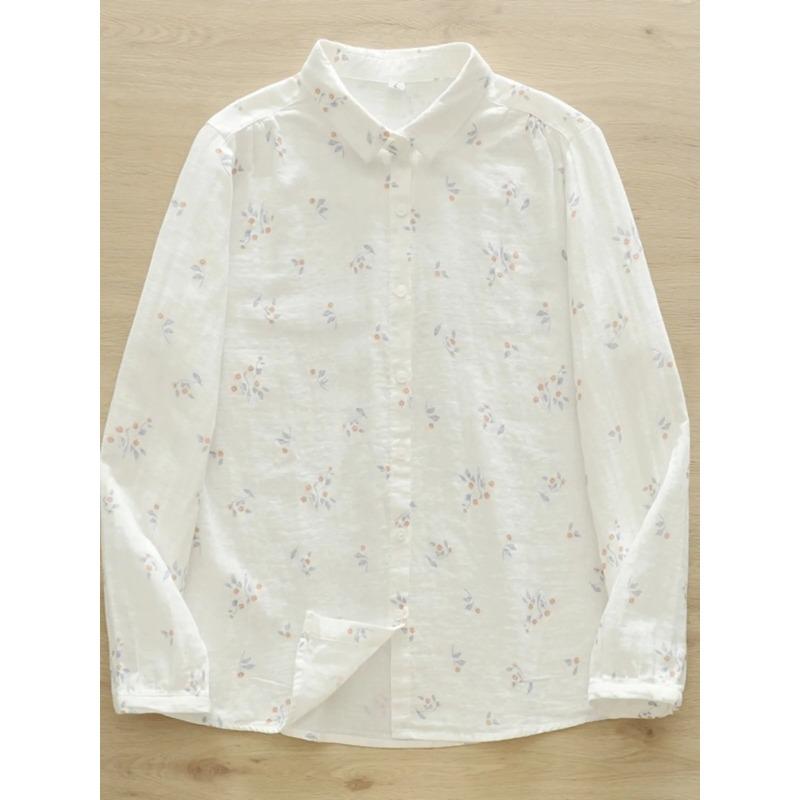 Women s Ditsy Floral Print Cotton Shirt Casual Loose Fit Long Sleeve Button Down Blouse S белый