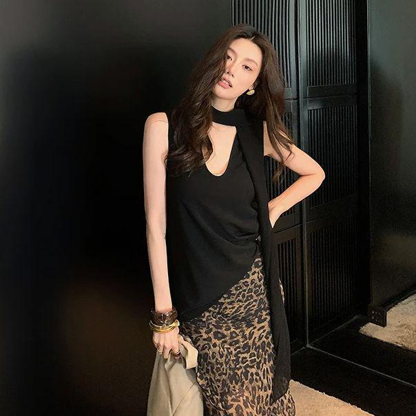 

2026 Summer Women s Chiffon Ribbon Vest & Leopard Print Skirt Two-Piece Set S [Recommended for 85-95 pounds]
