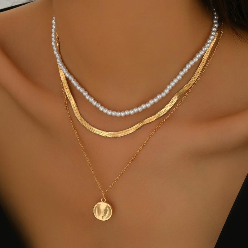 New, Fashionable and Simple Round Brand Pendant Necklace Light Luxury Niche Pearl Neck Chain Multi-layer Stacked Women
