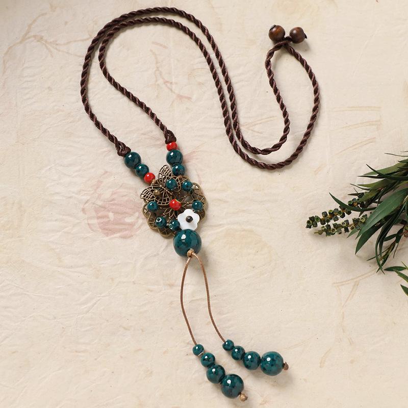 

Women s ceramic necklace - Retro versatile sweater chain - Simple long ethnic necklace pendant