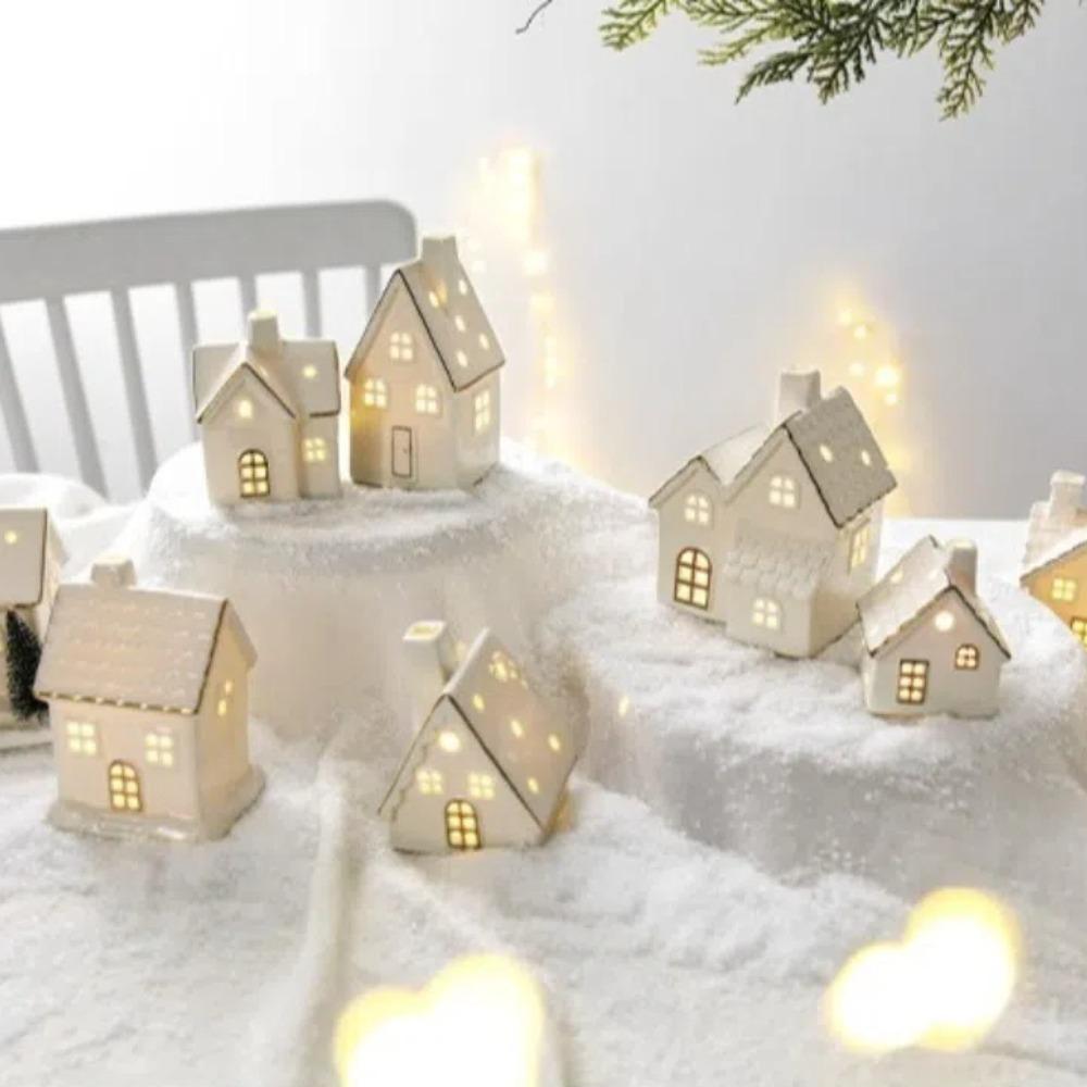 LED Light Up Porcelain Village House White Tabletop Ornaments New House Figurines  Winter Decor