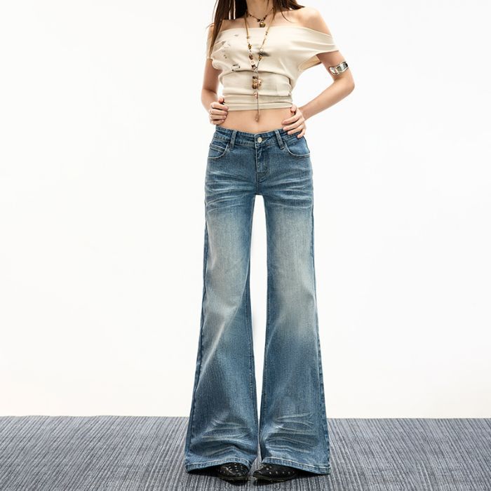 Frühling Sommer Niedrige Taille Slub Stretch Vintage Helle Farbe Gerade Leichte Schlag Jeanshosen Für Damen Freizeit Hosen Übergröße Jeanshosen