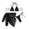 Women Two Piece Bikini Set with Adjustable Tie Straps Triangle Top and High Cut Bottom with Wrap Sarong Beachwear Swimwear Three Piece Set