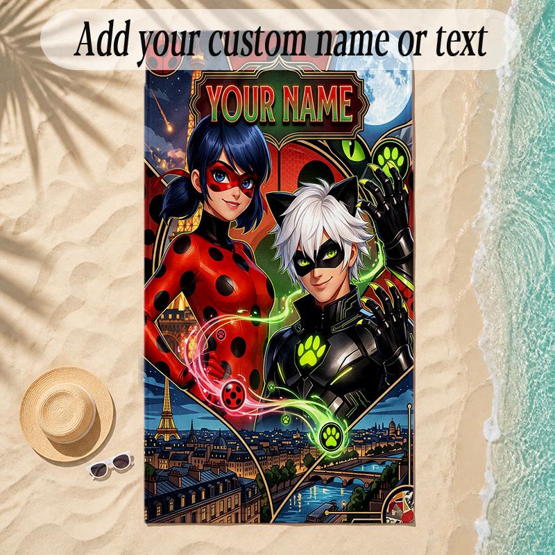 Beach TowelMiraculous Ladybug Custom Name Text Personalized Soft Towel for Beach Pool Indoor Home Decor Gift