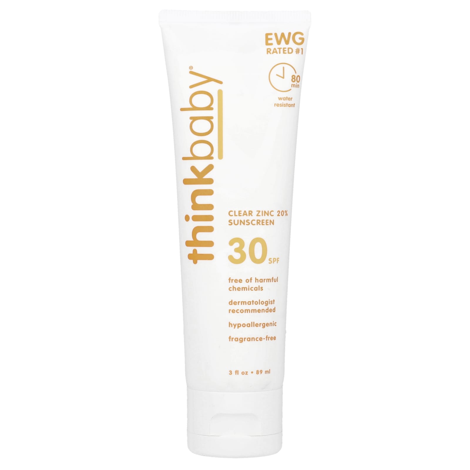 

think Детский, Солнцезащитный крем с 20% чистым цинком, SPF 30, Без отдушек, 89 мл (3 жидких унции)