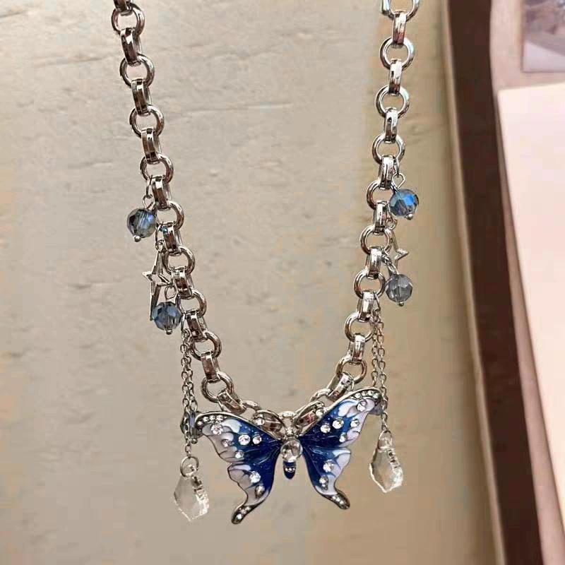 Personalized Punk Butterfly Crystal Bead Pendant Chains Choker Necklace For Women Y2K Rock Halloween Party Grunge Accessories