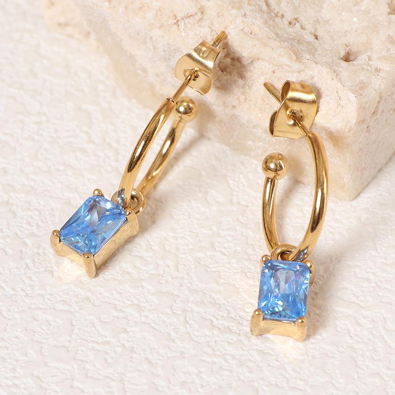 French Style Elegant Earrings, Light Luxury Square Zircon Pendant C-shaped Earrings, Fashionable  Versatile