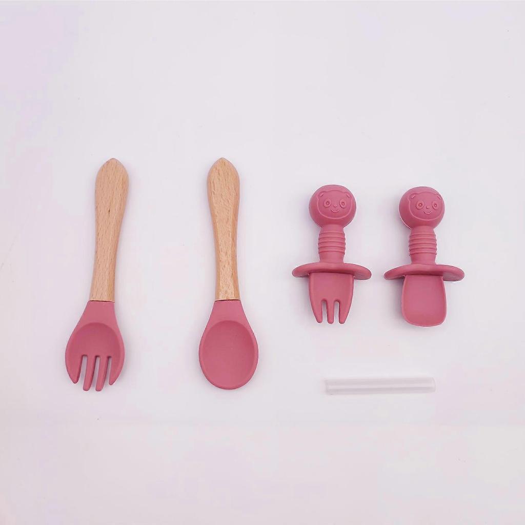 Silicone Baby Feeding Set Suction Bowl Plate Cup Fork Spoon Adjustable Bib Silicone Texture Suitable for Baby Toddlers Pink