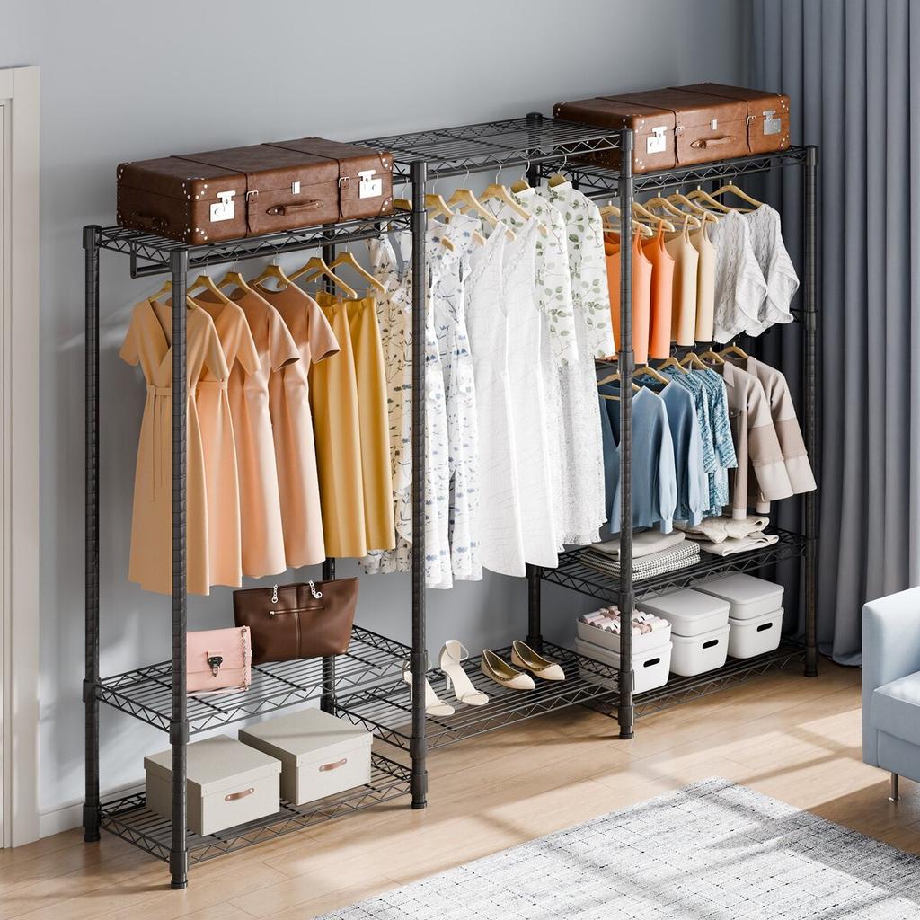Heavy Duty Clothes Rack, Rolling Clothing Garment Rack with 4 Hang Rods & 8 Storage Tiers, Adjustable Custom Closet Rack, Freestanding Wardrobe for