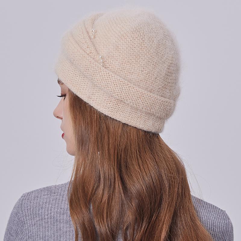 Winter Angora Wool Knitted Beanie for Elegant Ladies Custom Warm Skull Hats With Pearls Middle-Aged Women Rabbit Wool Hats