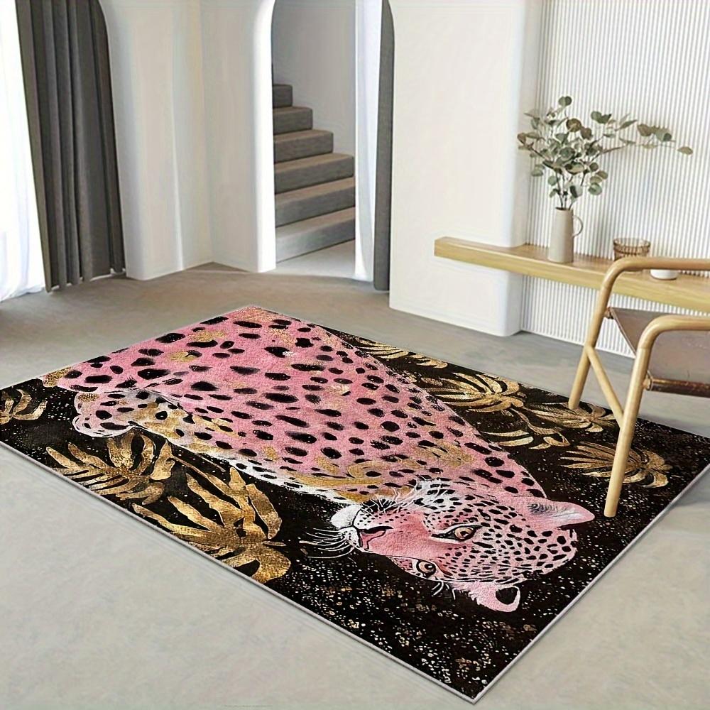 Luxurious Leopard Print Area Mat Pink Black Design Golden Accents Machine Washable Large Rectangular Mat Living Room Office