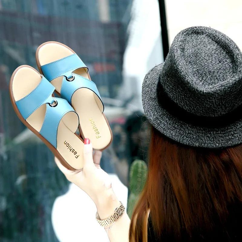 

Women Mother Female Ladies Solid Shoes Sandals Cow Genuine Leather PU Beach Summer Slip On Casual Size 35-41 XLZ-223 41 білий
