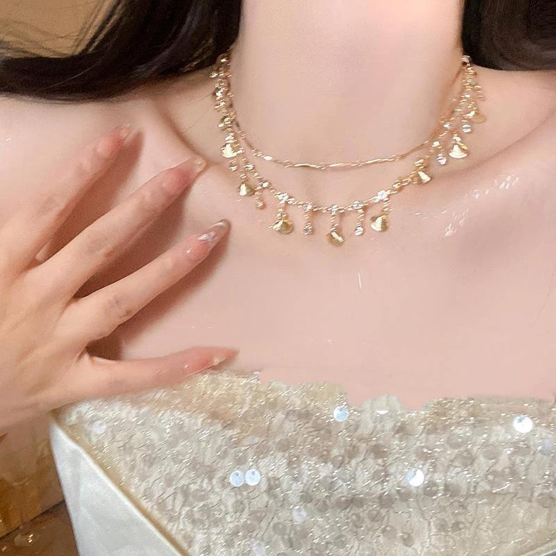 Boho Crystal Shell Pendant Necklace For Women Double-Layer Butterfly Chain Jewelry Accessory Beach Party Gifts