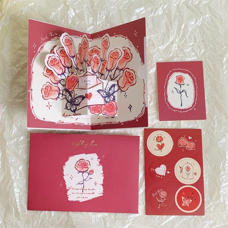 Three-dimensional 3D Surprise Blessing Greeting Card Watercolor Flowers Retro Floral Holiday Message Beautiful Blessing Card Chinese Valentine's Day