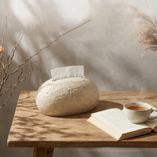 Tissue Box, Stone Shape Matte Tissue Holder, Waterproof Sandstone Texture Dust Resistant Tissue Dispenser, for Bathroom Living Room Decor