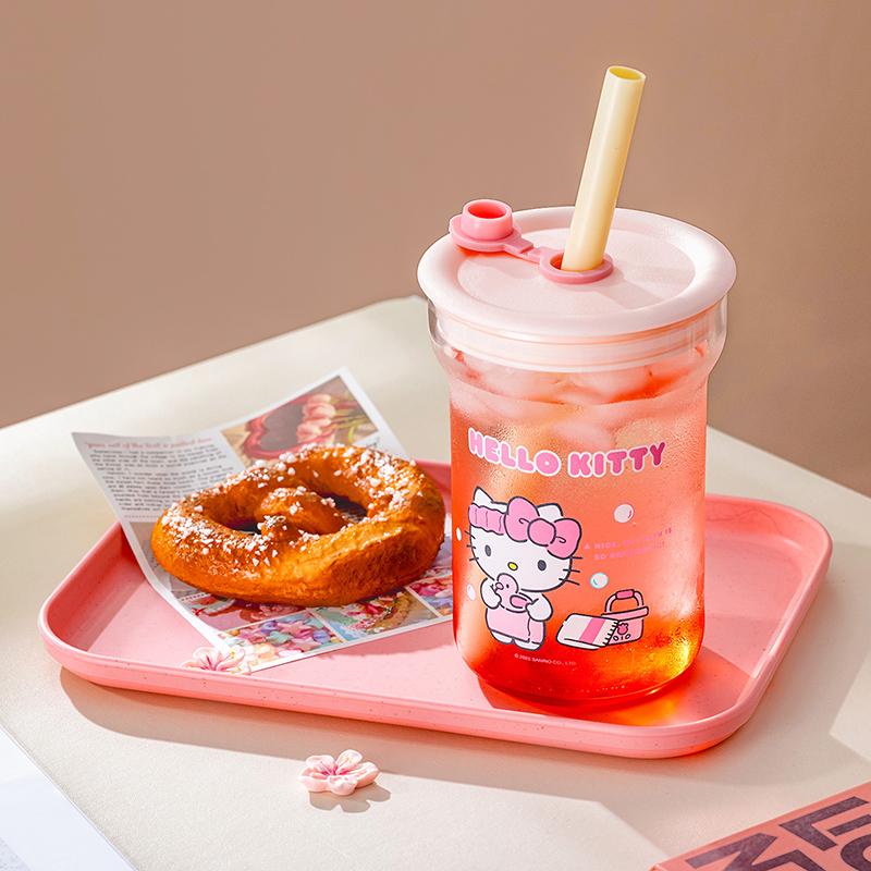 For Sanrio Collaboration Straw Cup High Borosilicate Glass Cup with Lid Cartoon HelloKitty Water Cup Home Juice Mup for Kids