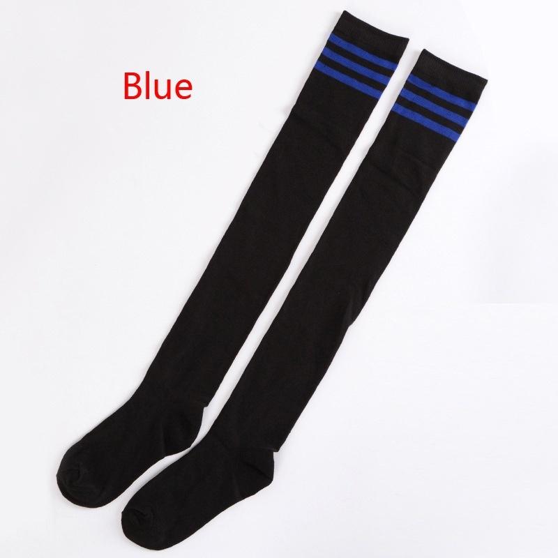 Haifly - Calze lunghe da donna, a tre strisce, sopra il ginocchio, per calcio, tubolari bianco rosso