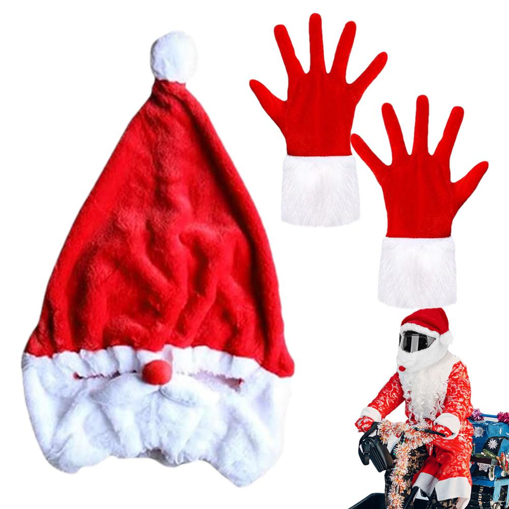 Christmas Motorcycle Headgear Cover & Gloves Plush Protective Santa Claus Motorcycle Helmet Cover Helmet Accessories