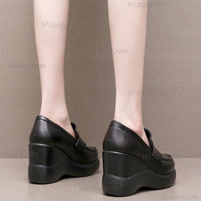 British Style Slip-on Women's Platform Shoes Wedges Office Ladies Fashion Loafers Thick-sole High Heel Pumps Black Size 34-43