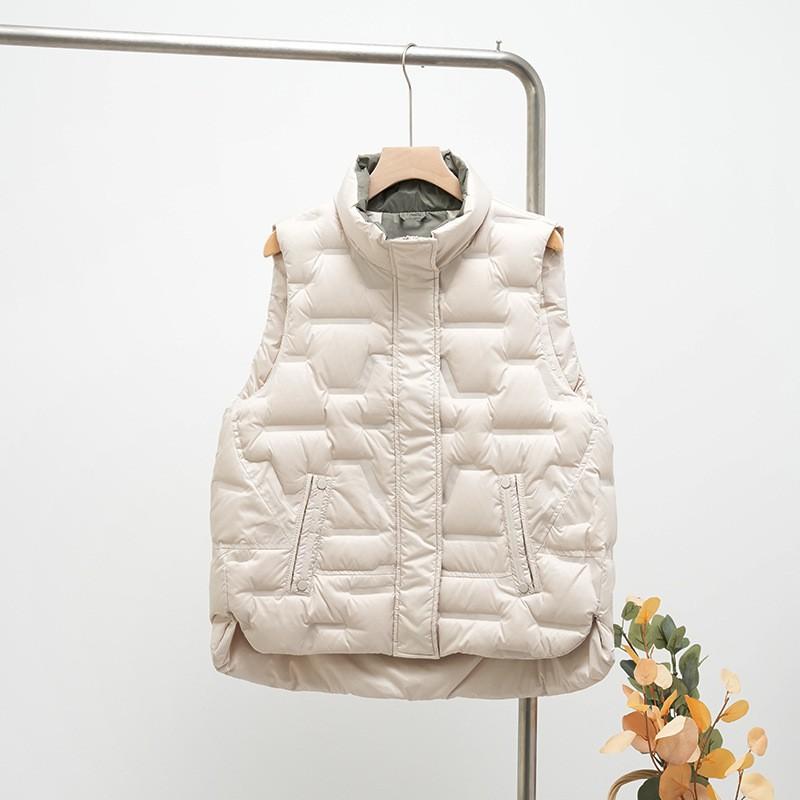 Womens Short Down Vest Winter Warm Puffer Stand Collar Loose Fit White Duck Sleeveless Outerwear