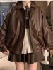 Autumn Korean Style Women's Brown Leather Motorcycle Jacket - 2025 New Spicy Cool Long Sleeve Loose Fit